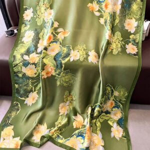 Khăn choàng lụa cao cấp màu xanh họa tiết hoa sen làm quà tặng bạn gái, sếp nữ, mẹ, cô, dì, chị - em gái...