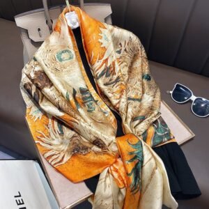 Khăn Lụa Cao Cấp Màu Cam Họa Tiết Hoa Hướng Dương