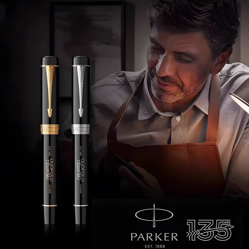 Bút máy ký tên Parker Duofold phiên bản kỷ niệm 135 năm hãng ngòi vàng 18k thân mạ vàng 23k