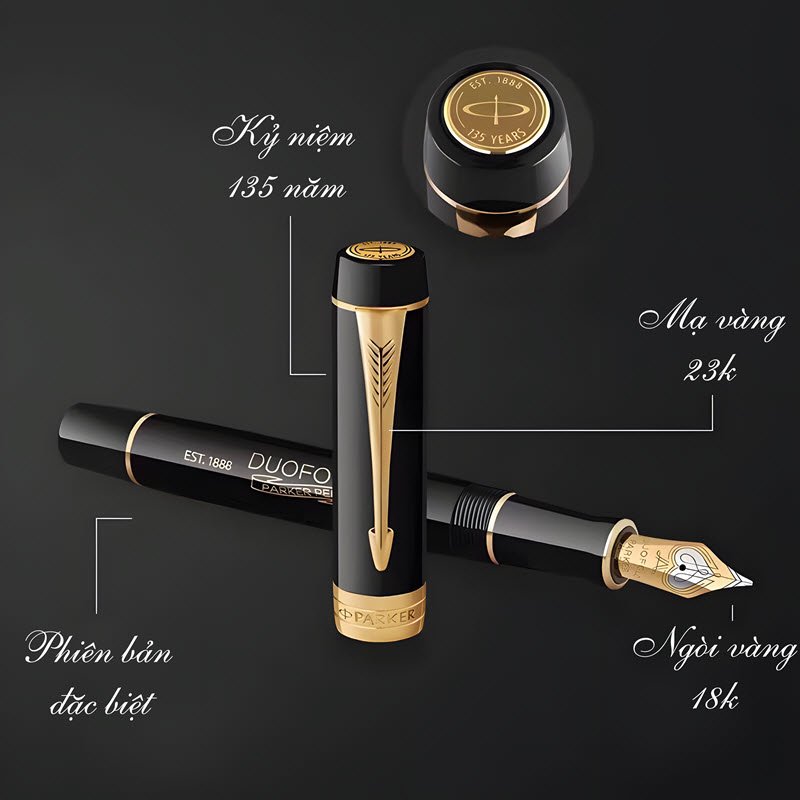 Bút máy ký tên Parker Duofold phiên bản kỷ niệm 135 năm hãng ngòi vàng 18k thân mạ vàng 23k