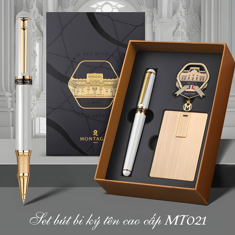 Set bút bi ký tên cao cấp MT021 màu trắng làm quà tặng 8 Set bút bi ký tên cao cấp MT021 màu trắng làm quà tặng