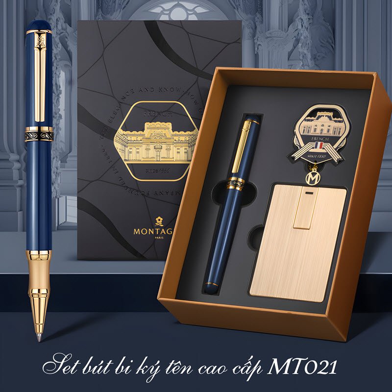 Set bút bi ký tên cao cấp MT021 màu xanh làm quà tặng 8 Set bút bi ký tên cao cấp MT021 màu xanh làm quà tặng