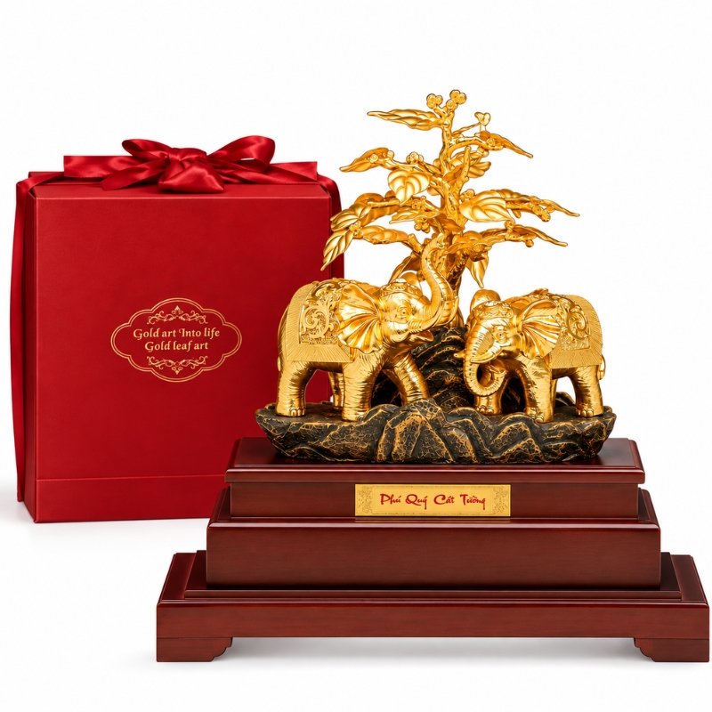 Tượng Đôi Voi Phú Quý Dát Vàng 24K – Trang Trí Bàn Làm Việc, Quà Tặng Doanh Nhân Biểu Tượng Bản Lĩnh Và Thành Công
