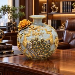 Bình Hút Lộc Công Đào Đắp Nổi Vẽ Vàng 22cm – Sứ Men Rạn Bát Tràng Cao Cấp, Gửi Gắm Lời Chúc May Mắn Và Thịnh Vượng