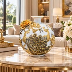 Bình Hút Lộc Đắp Nổi Công Đào Màu Trắng 22cm – Nghệ Thuật Đắp Nổi Tinh Xảo, Mang Ý Nghĩa May Mắn Và Sung Túc