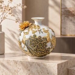 Bình Hút Lộc Đắp Nổi Công Đào Màu Trắng 22cm – Nghệ Thuật Đắp Nổi Tinh Xảo, Mang Ý Nghĩa May Mắn Và Sung Túc