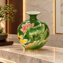 Bình Hút Lộc Hoa Sen Nền Xanh Vẽ Vàng 30cm - Tích Tụ Phúc Lộc, Gìn Giữ Bình An, Khơi Nguồn Thịnh Vượng