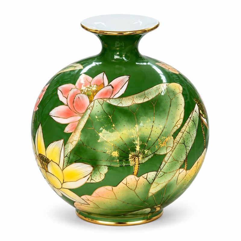 Bình Hút Lộc Hoa Sen Nền Xanh Vẽ Vàng 30cm - Tích Tụ Phúc Lộc, Gìn Giữ Bình An, Khơi Nguồn Thịnh Vượng