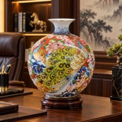 Bình Hút Lộc Màu Đỏ Công Danh Phú Quý 45cm – Vẻ Đẹp Chim Công Hoa Đào, Quà Tặng Khai Trương Gửi Trao Lời Chúc Thành Công