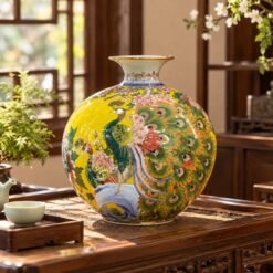 Bình Hút Lộc Vẽ Vàng Chim Công Vương Giả 35cm – Khổng Tước Khai Phú Quý, Song Công Đón Cát Tường, Gia Đạo Hưng Vượng