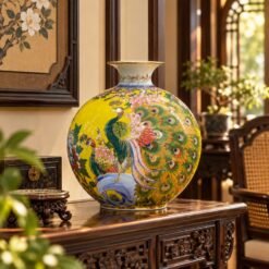 Bình Hút Lộc Vẽ Vàng Chim Công Vương Giả 35cm – Khổng Tước Khai Phú Quý, Song Công Đón Cát Tường, Gia Đạo Hưng Vượng