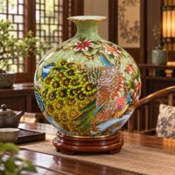 Bình Hút Lộc Vẽ Vàng Chim Khổng Tước Khắc Nổi Cao 35cm – Khổng Tước Khai Phú Quý, Phù Dung Đón Cát Tường, Tài Lộc Hưng Vượng