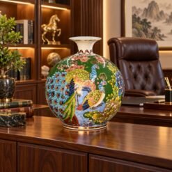 Bình Hút Lộc Vẽ Vàng Công Đào Xanh Lục 35cm - Công Mang Phú Quý, Đào Đón Cát Tường, Gia Đạo An Khang