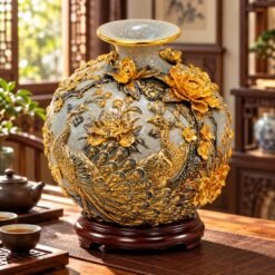 Bình Hút Tài Lộc Công Đào Đắp Nổi Sứ Men Rạn Vẽ Vàng 24K – Công Vũ Vinh Hoa, Phù Dung Nở Phúc, Tài Lộc Hưng Vượng