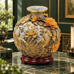Bình Hút Tài Lộc Công Đào Đắp Nổi Sứ Men Rạn Vẽ Vàng 24K – Công Vũ Vinh Hoa, Phù Dung Nở Phúc, Tài Lộc Hưng Vượng