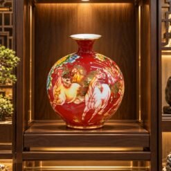Bình Hút Tài Lộc Màu Đỏ Mã Đáo Thành Công 35cm – Tuấn Mã Khai Lộc, Công Danh Rạng Rỡ, Vạn Sự Hanh Thông