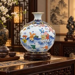 Bình Hút Tài Lộc Vẽ Vàng Bách Nhi Đồ 35cm – Nhị Cảnh Đoàn Viên, Bách Phúc Hội Tụ, Gia Môn Hưng Thịnh