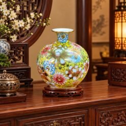 Bình Tài Lộc Bách Hoa Phú Quý Cao 25cm – Nghệ Thuật Gốm Sứ Vẽ Vàng 24K, Trang Trí Phòng Khách Và Không Gian Phong Thủy