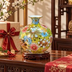 Bình Tài Lộc Bách Hoa Phú Quý Cao 25cm – Nghệ Thuật Gốm Sứ Vẽ Vàng 24K, Trang Trí Phòng Khách Và Không Gian Phong Thủy