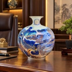 Bình Tài Lộc Cá Chép Vẽ Vàng Cao Cấp 35cm – Sứ Bát Tràng Men Lam Vẽ Vàng 24K, Trang Trí Sang Trọng, Biểu Tượng May Mắn Và Thành Công