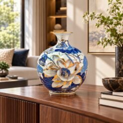 Bình Tài Lộc Hoa Sen Men Lam Vẽ Vàng Cao Cấp 35cm – Nghệ Thuật Gốm Sứ Tinh Tế, Trang Trí Thanh Lịch, Quà Biếu Ý Nghĩa