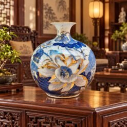 Bình Tài Lộc Hoa Sen Men Lam Vẽ Vàng Cao Cấp 35cm – Nghệ Thuật Gốm Sứ Tinh Tế, Trang Trí Thanh Lịch, Quà Biếu Ý Nghĩa