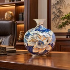 Bình Tài Lộc Hoa Sen Men Lam Vẽ Vàng Cao Cấp 35cm – Nghệ Thuật Gốm Sứ Tinh Tế, Trang Trí Thanh Lịch, Quà Biếu Ý Nghĩa