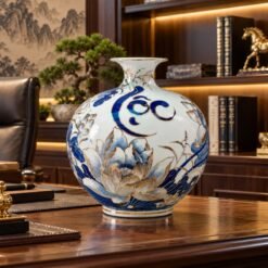 Bình Tài Lộc Hoa Sen Men Lam Vẽ Vàng Cao Cấp 38cm – Nghệ Thuật Gốm Sứ Truyền Thống, Trang Trí Tinh Tế, Quà Biếu Ý Nghĩa