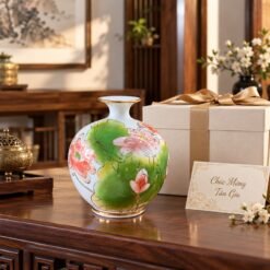 Bình Tài Lộc Hoa Sen Vẽ Vàng Cao 25cm – Tinh Hoa Gốm Sứ Bát Tràng, Điểm Tô Không Gian Thịnh Vượng