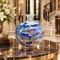 Bình Tài Lộc Lý Ngư Vọng Nguyệt Vẽ Vàng Cao Cấp 30cm – Sứ Bát Tràng Men Lam Vẽ Vàng 24K, Trang Trí Sang Trọng, Biểu Tượng Phúc Lộc Và Thành Công