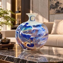 Bình Tài Lộc Lý Ngư Vọng Nguyệt Vẽ Vàng Cao Cấp 30cm – Sứ Bát Tràng Men Lam Vẽ Vàng 24K, Trang Trí Sang Trọng, Biểu Tượng Phúc Lộc Và Thành Công