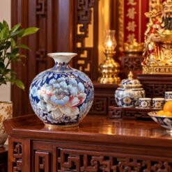 Bình Tài Lộc Mini Bảo Tiên Liên Hoa Xanh Lam Cao Cấp 22cm – Nghệ Thuật Gốm Sứ Truyền Thống, Trang Trí Bàn Thờ Thần Tài Và Thu Hút May Mắn