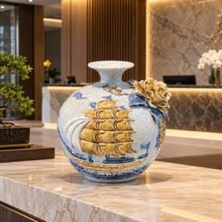 Bình Tài Lộc Thuận Buồm Xuôi Gió 22cm – Sứ Bát Tràng Đắp Nổi Cao Cấp, Quà Khai Trương Gửi Gắm Lời Chúc Kinh Doanh Thuận Lợi