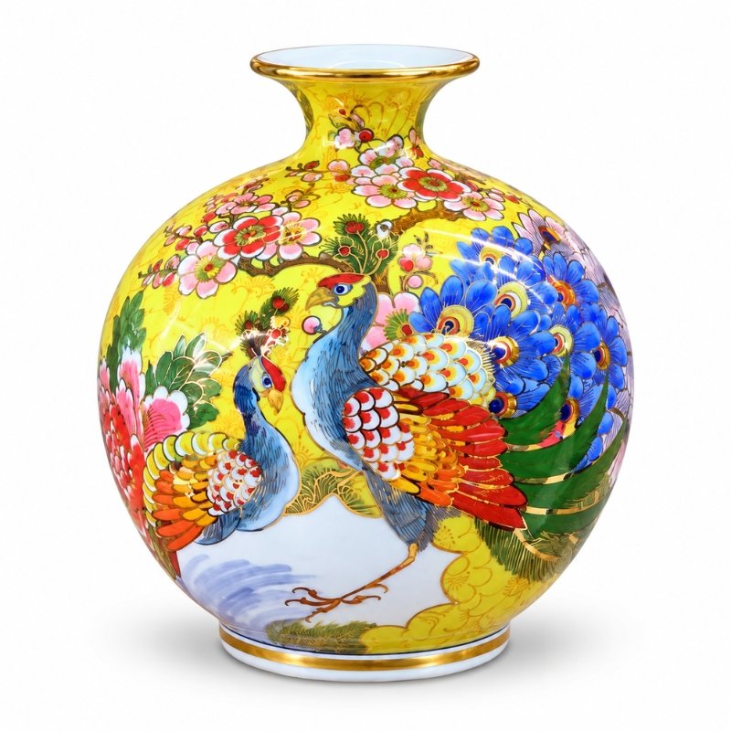 Bình Tài Lộc Vẽ Vàng Chim Công Hoa Đào Cao 25cm – Công Khoe Sắc Phú, Đào Nở Lộc Xuân, Gia Môn Hưng Vượng