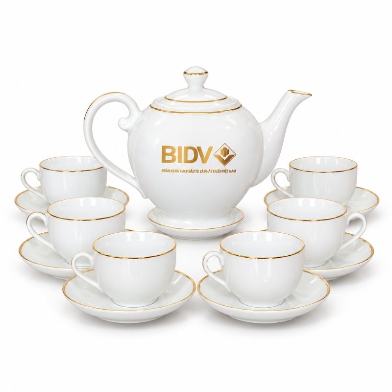 Bộ Ấm Chén In Logo Quà Tặng Ngân Hàng BIDV – Tinh Hoa Sứ Bát Tràng In Vàng 24K, Gửi Trao Lời Tri Ân Và Gắn Kết Khách Hàng Bền Lâu