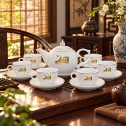 Bộ Ấm Trà Logo Vàng Kim Quà Tết Doanh Nghiệp – Sứ Trắng Vẽ Vàng 24K Cao Cấp, Tôn Vinh Văn Hóa Thưởng Trà Và Gửi Trao Lời Tri Ân