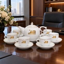 Bộ Ấm Trà Logo Vàng Kim Quà Tết Doanh Nghiệp – Sứ Trắng Vẽ Vàng 24K Cao Cấp, Tôn Vinh Văn Hóa Thưởng Trà Và Gửi Trao Lời Tri Ân