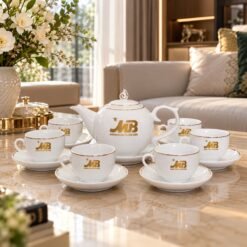 Bộ Ấm Trà Logo Vàng Kim Quà Tết Doanh Nghiệp – Sứ Trắng Vẽ Vàng 24K Cao Cấp, Tôn Vinh Văn Hóa Thưởng Trà Và Gửi Trao Lời Tri Ân