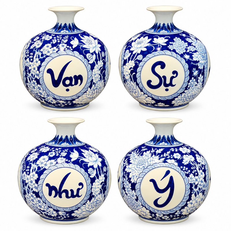 Combo 4 Bình Tài Lộc Vạn Sự Như Ý Cao Cấp 35cm – Sứ Bát Tràng Men Xanh Lam, Trang Trí Sang Trọng, Biểu Tượng May Mắn Và Thành Công
