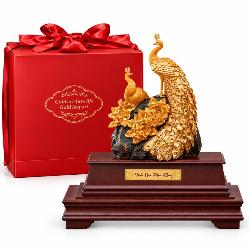 Mô Hình Chim Công Hoa Mẫu Đơn Phú Quý Dát Vàng 24K – Thiết Kế Đôi Chim Công Trang Nhã, Trang Trí Kệ Trưng Bày Và Sảnh Tiếp Khách