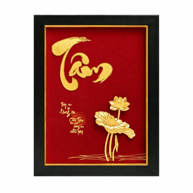 Tranh Chữ Tâm Dát Vàng 24K Nền Đỏ – Tác Phẩm Thư Pháp Giàu Ý Nghĩa, Phù Hợp Trưng Bày Và Làm Quà Tri Ân