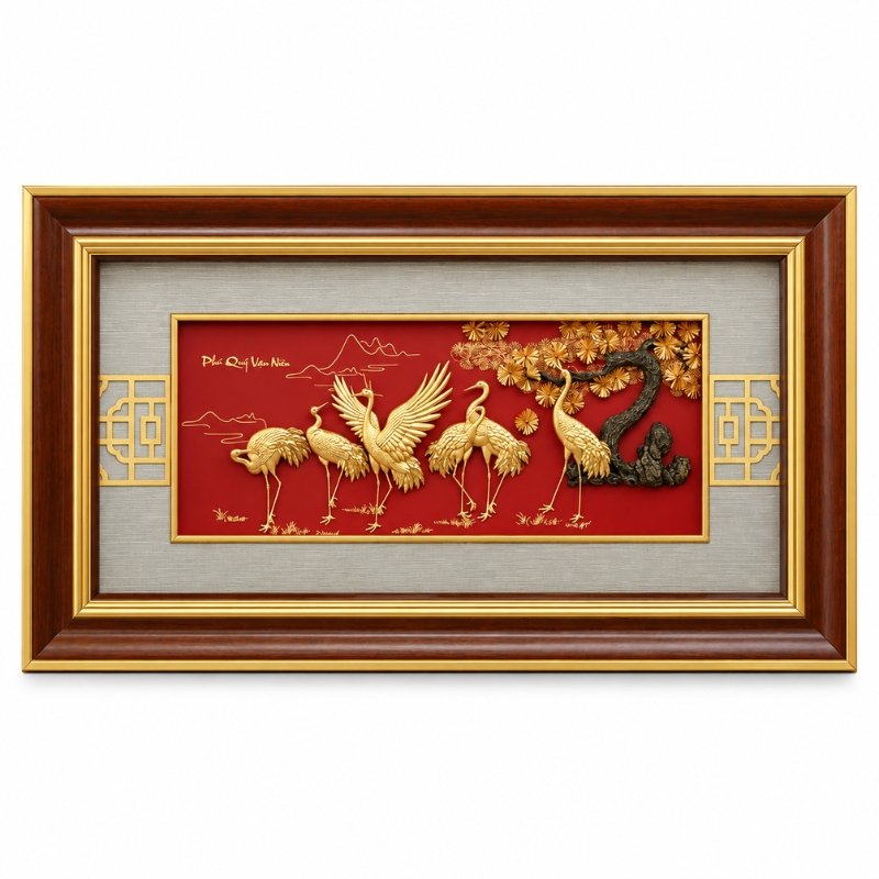 Tranh Tùng Hạc Diên Niên Dát Vàng 24K – Nghệ Thuật Chế Tác Tinh Xảo, Trang Trí Sang Trọng, Biểu Tượng Trường Thọ Và Hạnh Phúc Viên Mãn